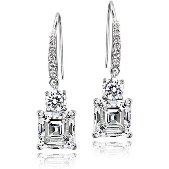 New Sterling Solid .925 Sterling Silver Asscher-Cut Cubic Zirconia Dangl… - Picture 7 of 12